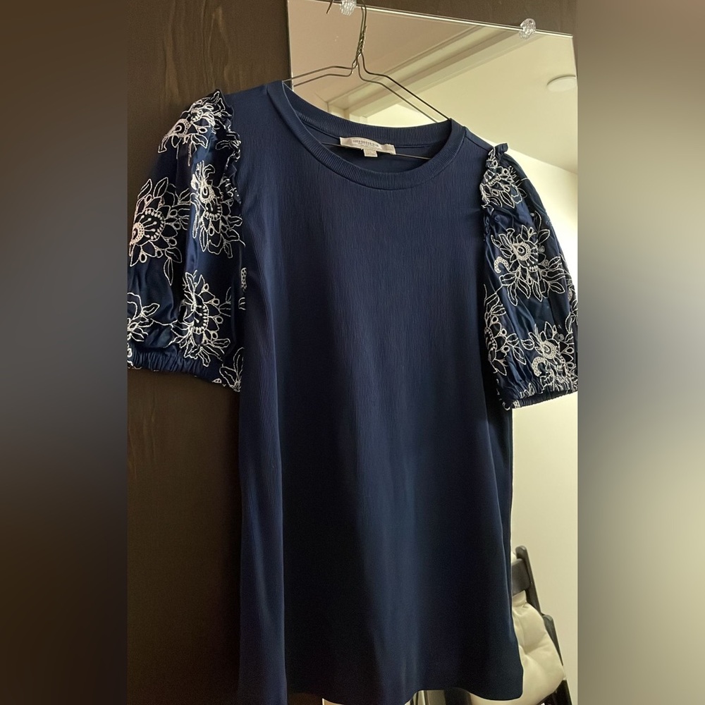 Navy Blue Top with Floral Embroidered Sleeves